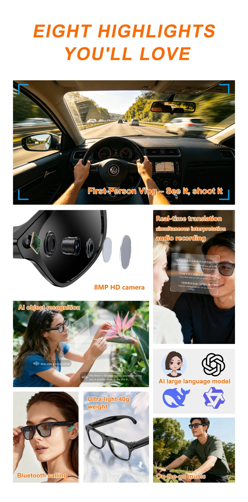 8MP AI Smart Sports Glasses – Camera & Translator